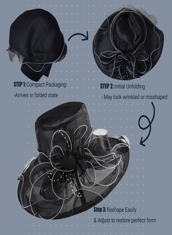 Popuid Derby Fascinator Hats for Women, Wide Brim Tea Party Organza Hats for Wedding & Cocktail Party (Black Set) - Image 2